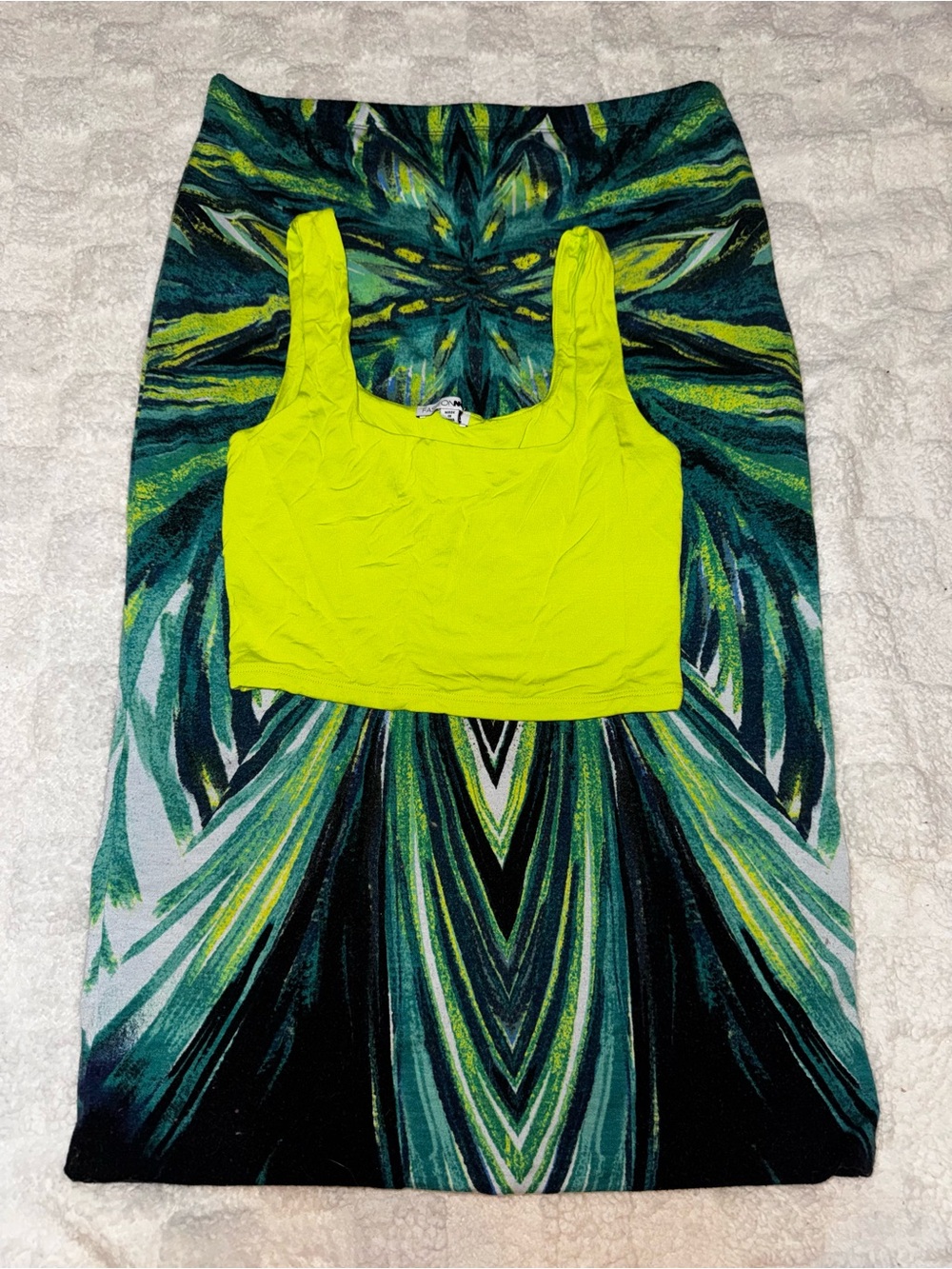 Fashion Nova Neon Lime Top & Teal Maxi Skirt